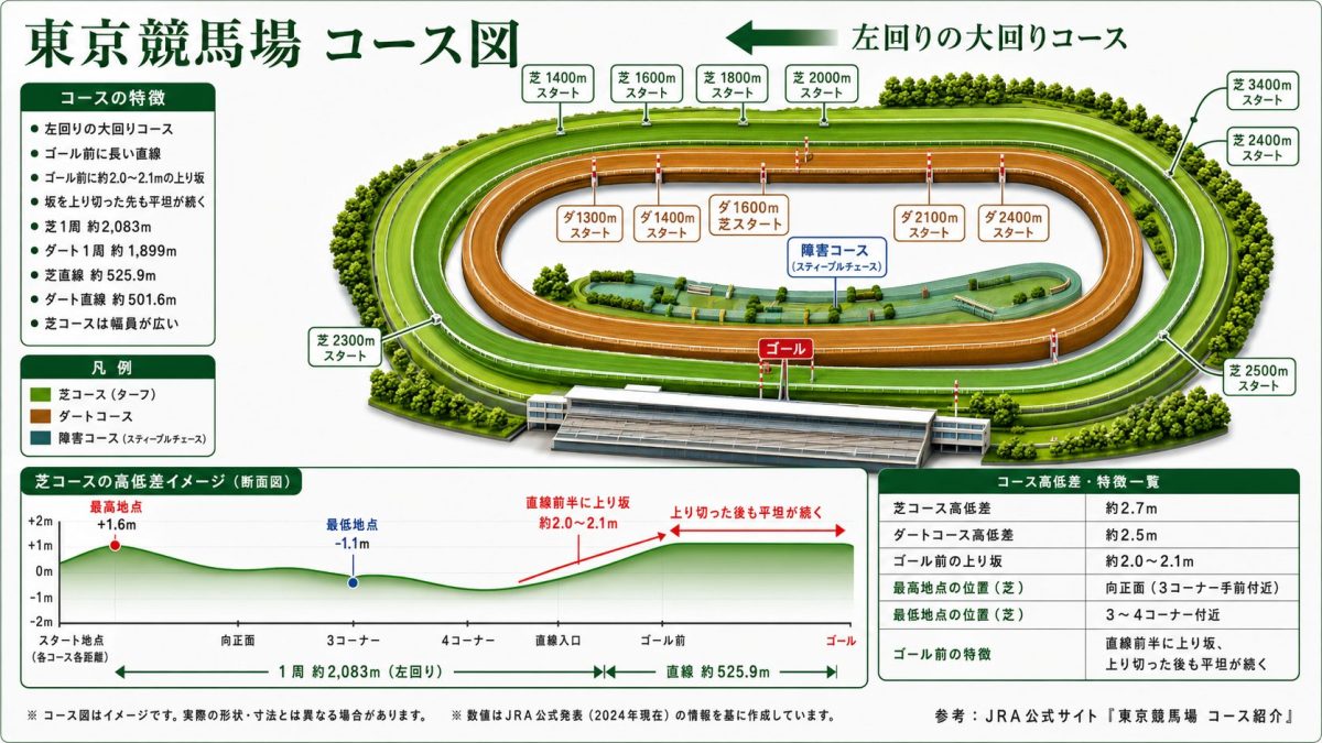東京競馬場の芝コース・ダートコース・障害コースと高低差をまとめたコース図インフォグラフィック