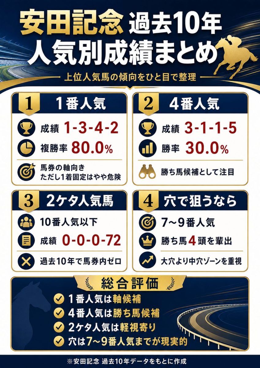 安田記念過去10年の人気別成績と上位人気馬の傾向をまとめた画像